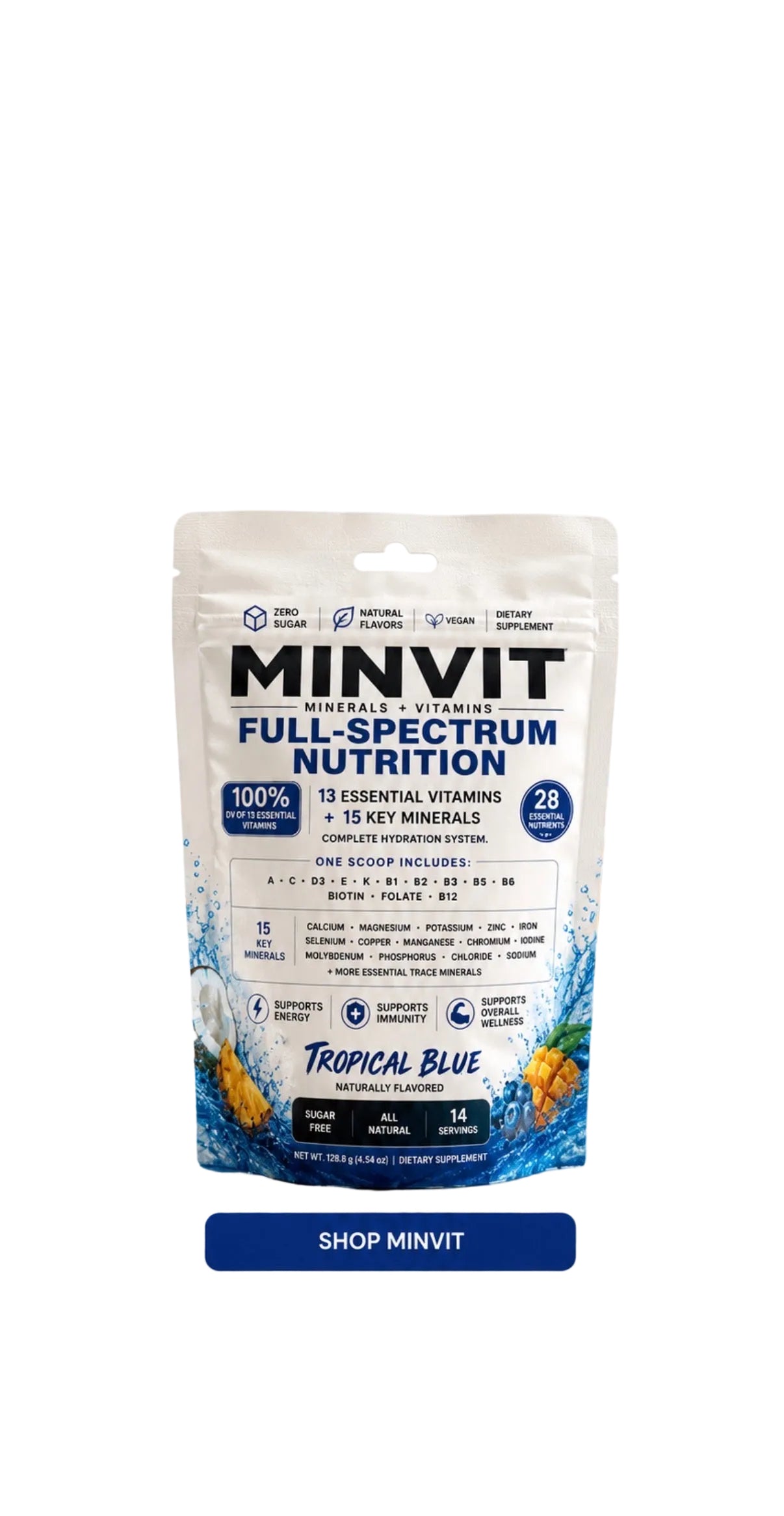 A bag of Minvit Full-Spectrum Nutrition powder in Tropical Blue flavor, displayed in a promotional graphic with water splashes, pineapple, blueberries, and icons highlighting key benefits.